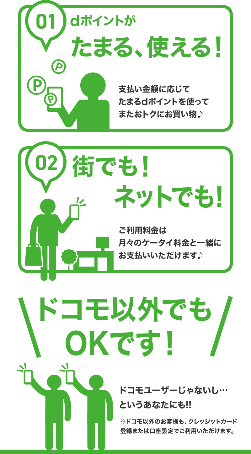 01：dポイントがたまる、使える！ 支払い金額に応じてたまるdポイントを使ってまたおトクにお買い物♪ 02：街でも！ネットでも！ご利用料金は月々のケータイ料金と一緒にお支払いいただけます♪ ドコモ以外でもOKです！ ドコモユーザーじゃないし…というあなたにも！！ ※ドコモ以外のお客様も、クレッジットカード登録または口座設定でご利用いただけます。