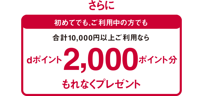 【さらに】初めてでもご利用中の方でも合計10,000円以上ご利用なら2,000dポイントもれなくプレゼント