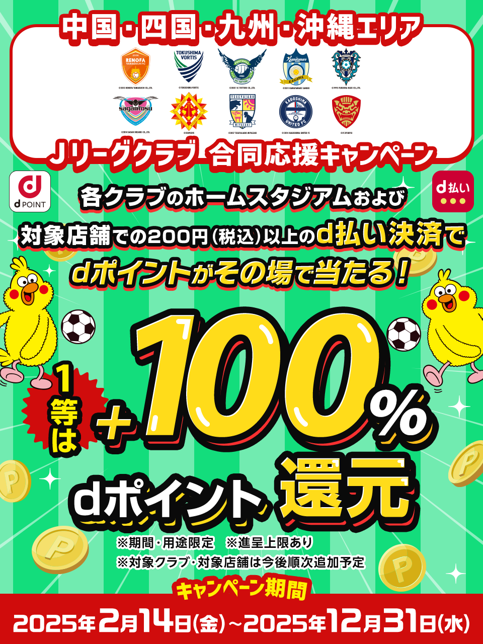 中国・四国・九州・沖縄エリアJリーグクラブ 合同応援キャンペーン 各クラブのホームスタジアムおよび対象店舗での200円（税込）以上のd払い決済でdポイントがその場で当たる！ 1等は+100％dポイント還元 ※期間・用途限定※進呈上限あり※対象クラブ・対象店舗は今後順次追加予定 キャンペーン期間 2025年2月14日（金）～2025年12月31日（水）