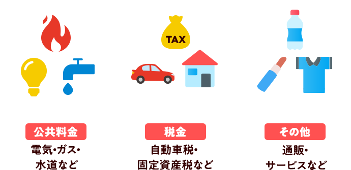 公共料金 電気・ガス・水道など 税金 自動車税・固定資産税など その他 通販・サービスなど