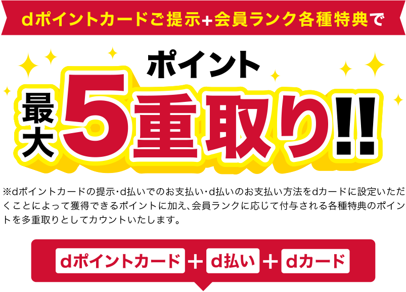 dポイントカードご提示＋会員ランク各種特典でポイント最大5重取り！！※dポイントカードの提示・d払いでのお支払い・d払いのお支払い方法をdカードに設定いただくことによって獲得できるポイントに加え、会員ランクに応じて付与される各種特典のポイントを多重取りとしてカウントいたします。
