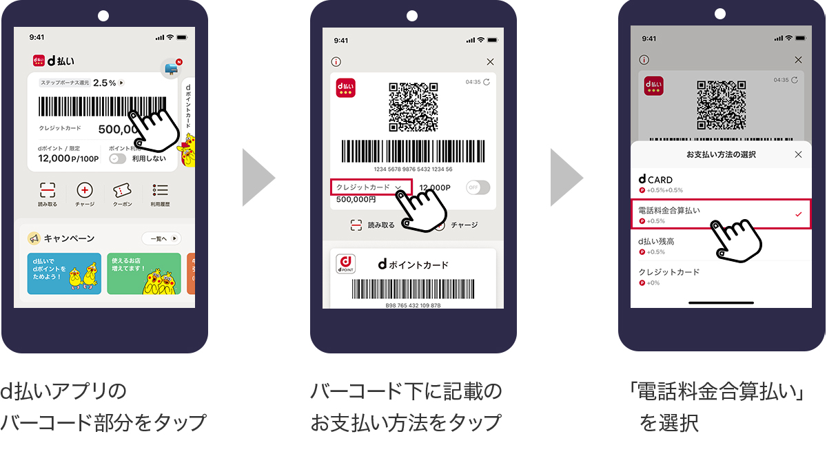 1　d払いアプリのバーコード部分をタップ　2　バーコード下に記載のお支払い方法をタップ　3　「電話料金合算払い」を選択