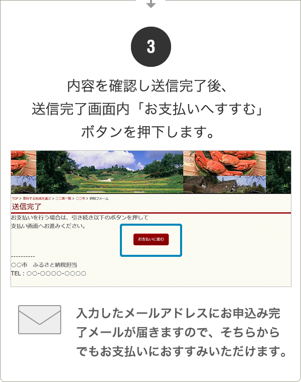 ③内容を確認し送信完了後、送信完了画面内「お支払いへすすむ」ボタンを押下します。　→入力したメールアドレスにお申込み完了メールが届きますので、そちらからでもお支払いにお進みいただけます。