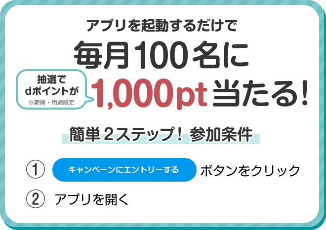 アプリを起動するだけで毎月100名に抽選でdポイントが1,000pt当たる！